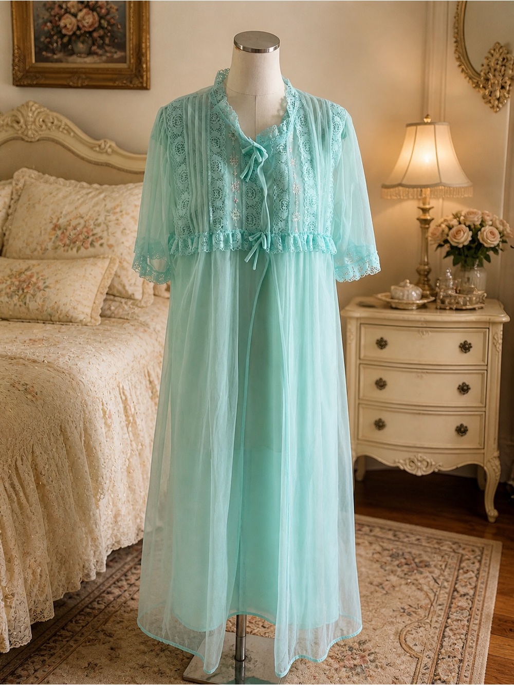 BERNETTE NY Blue ONE SIZE (more like Large) BABYDOLL NIGHTGOWN 2 Pieces VINTAGE